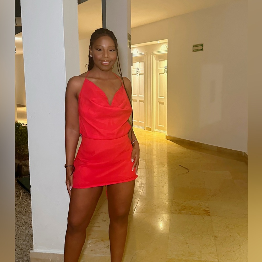Shape Red Woven Cowl Neck Lace Back Mini Dress